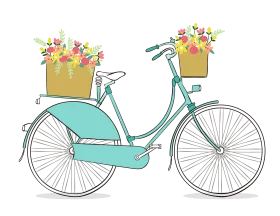Charming Vintage Teal Bicycle Clipart with Whimsical Floral Baskets