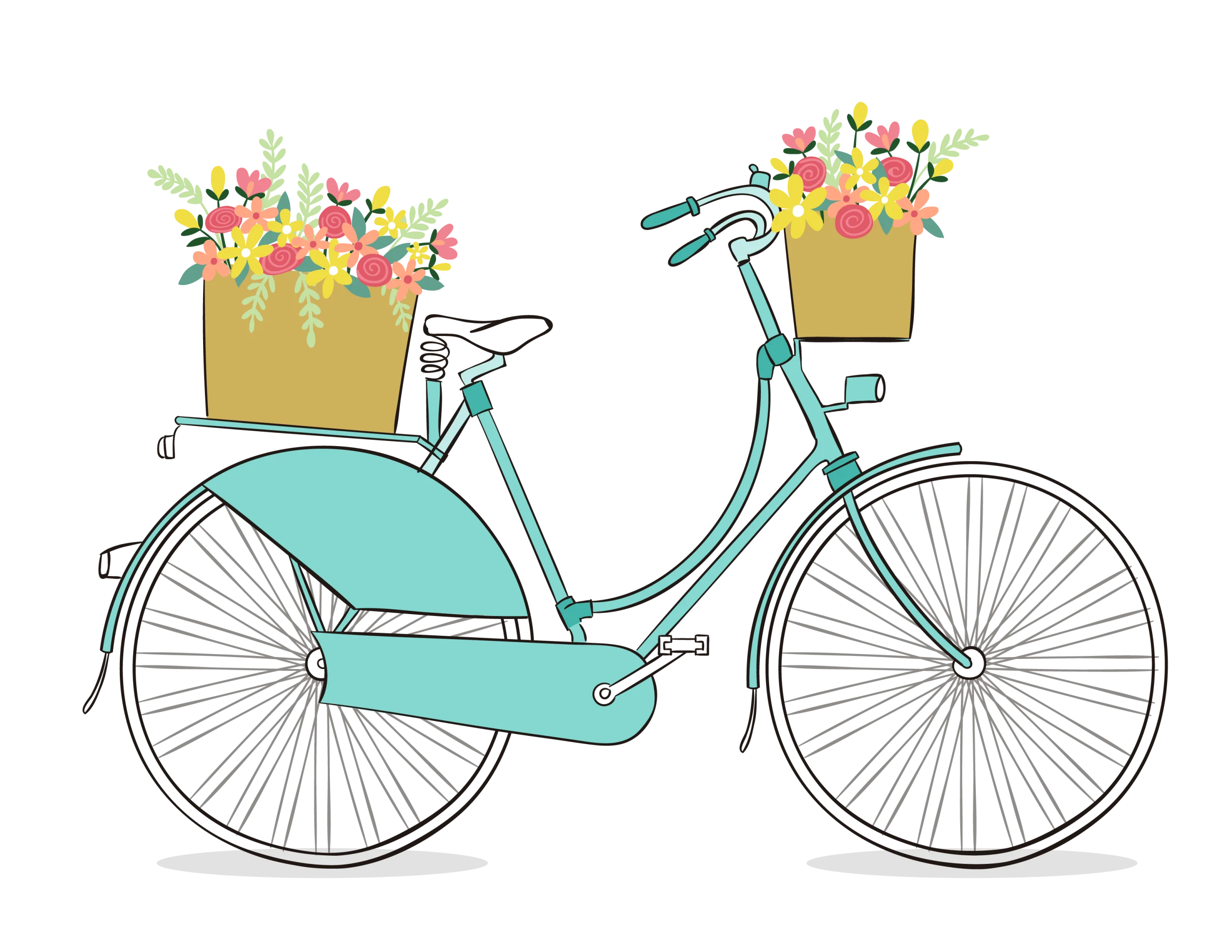 Charming Vintage Teal Bicycle Clipart with Whimsical Floral Baskets