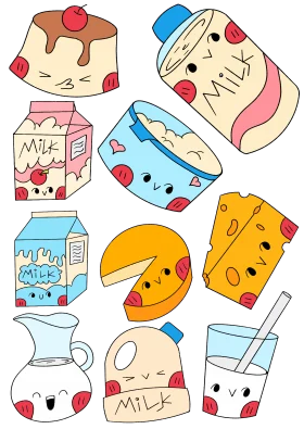 Adorable Milk-Themed Cartoon Clipart Collection with Cute Animated Food Characters