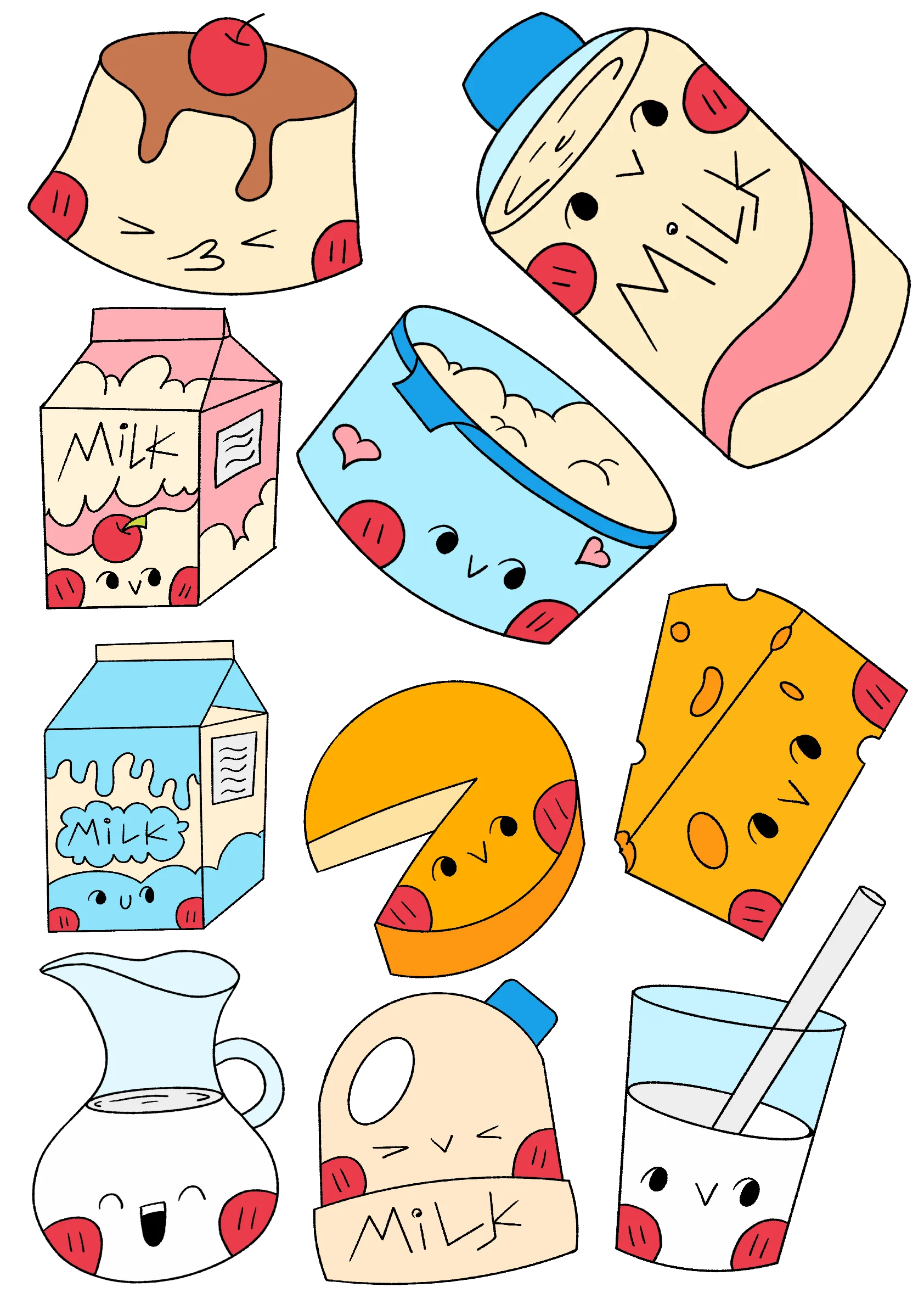 Adorable Milk-Themed Cartoon Clipart Collection with Cute Animated Food Characters
