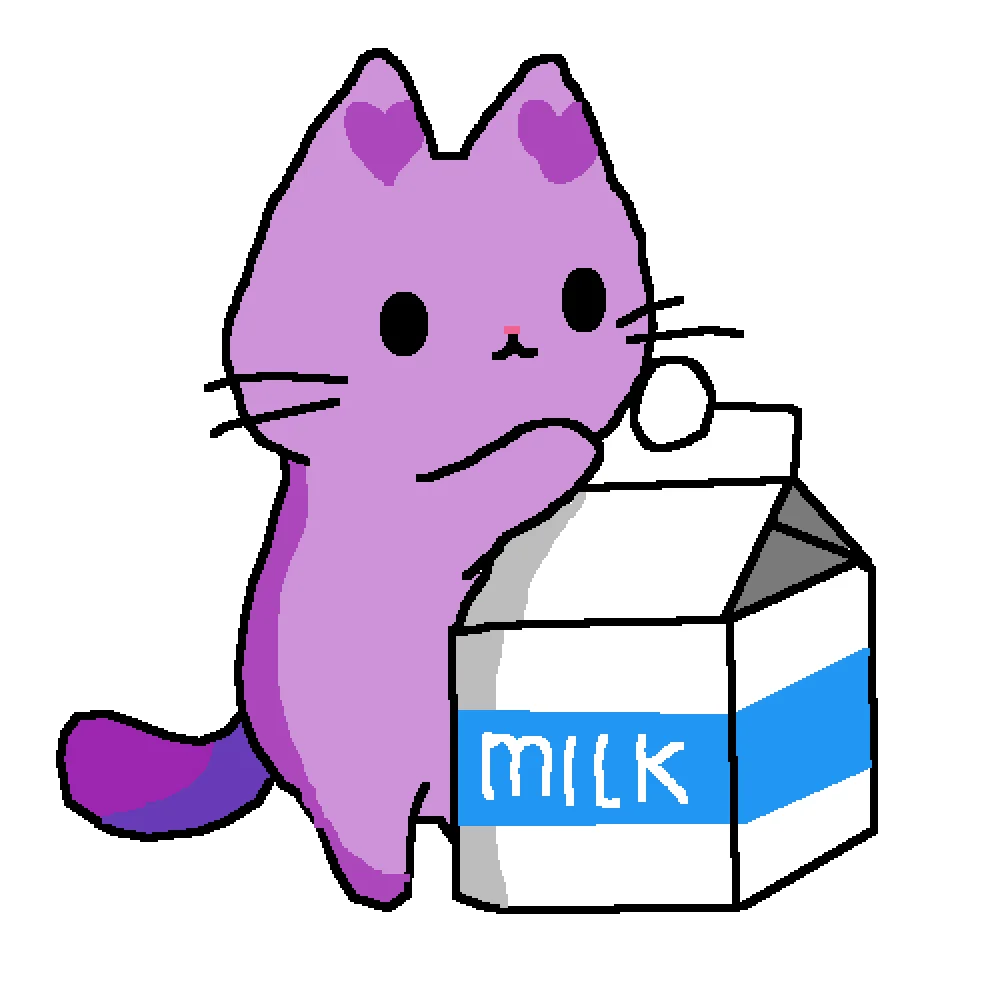 Adorable Purple Cartoon Cat Enjoying a Delightful Milk Carton Clipart Illustration