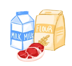 Charming Kitchen Essentials Clipart: Milk, Flour, and Fresh Meat Illustration