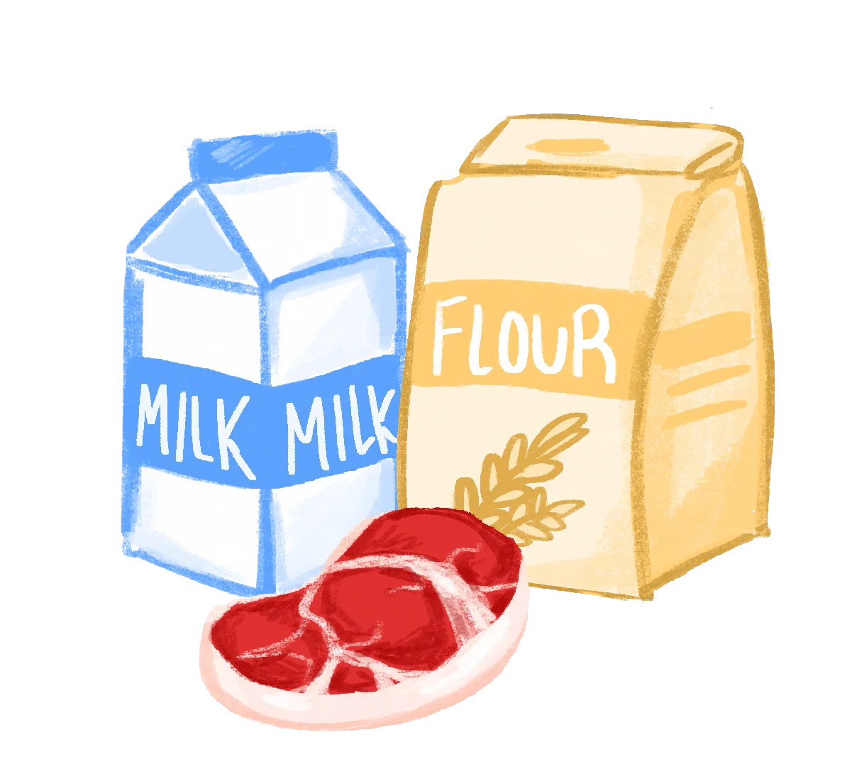 Charming Kitchen Essentials Clipart: Milk, Flour, and Fresh Meat Illustration