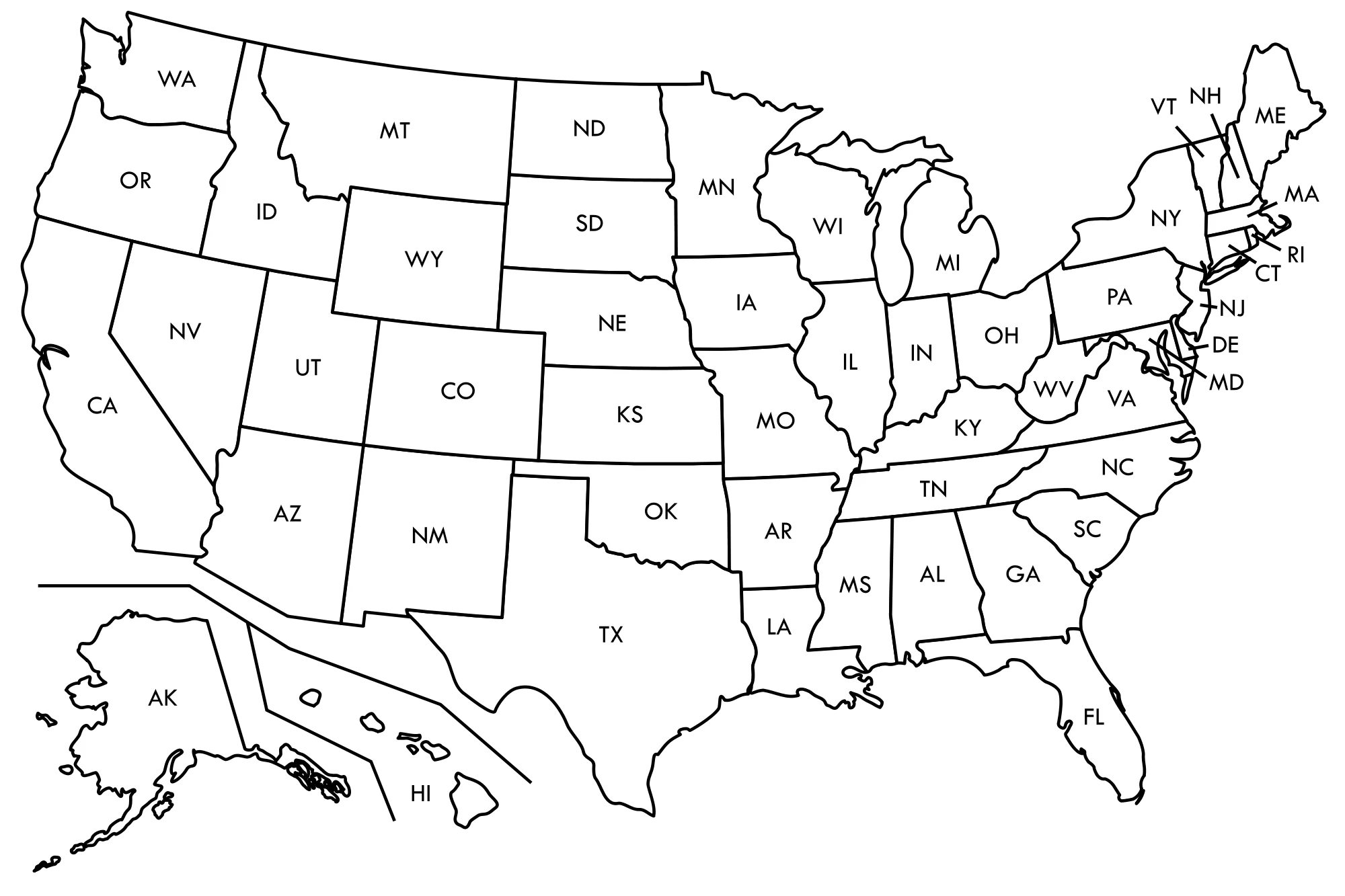 Minimalist Black and White United States Outline Clipart Map Illustration