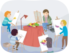 Art Classroom Learning: Students Exploring Creativity with Colorful Clipart Scene