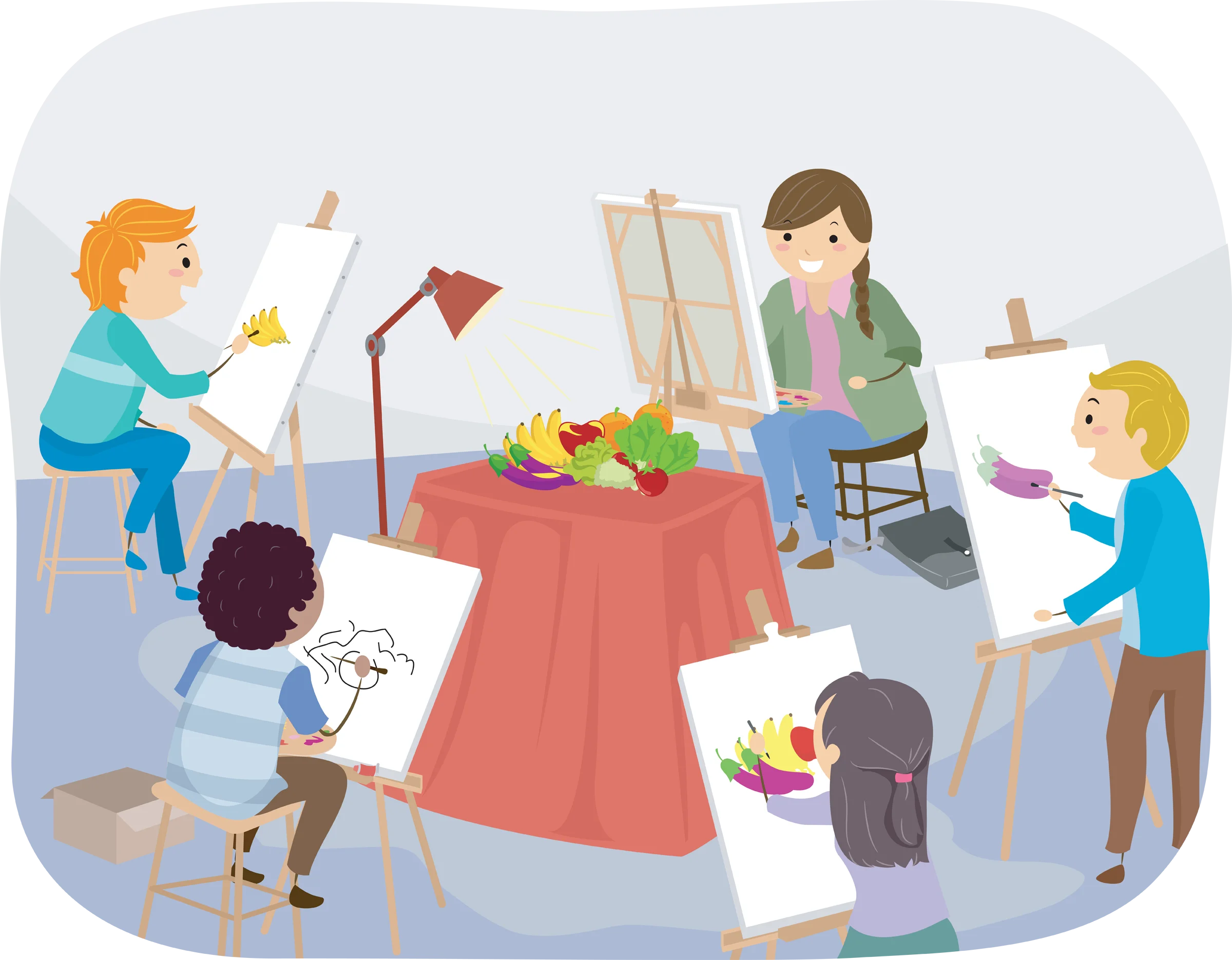Art Classroom Learning: Students Exploring Creativity with Colorful Clipart Scene