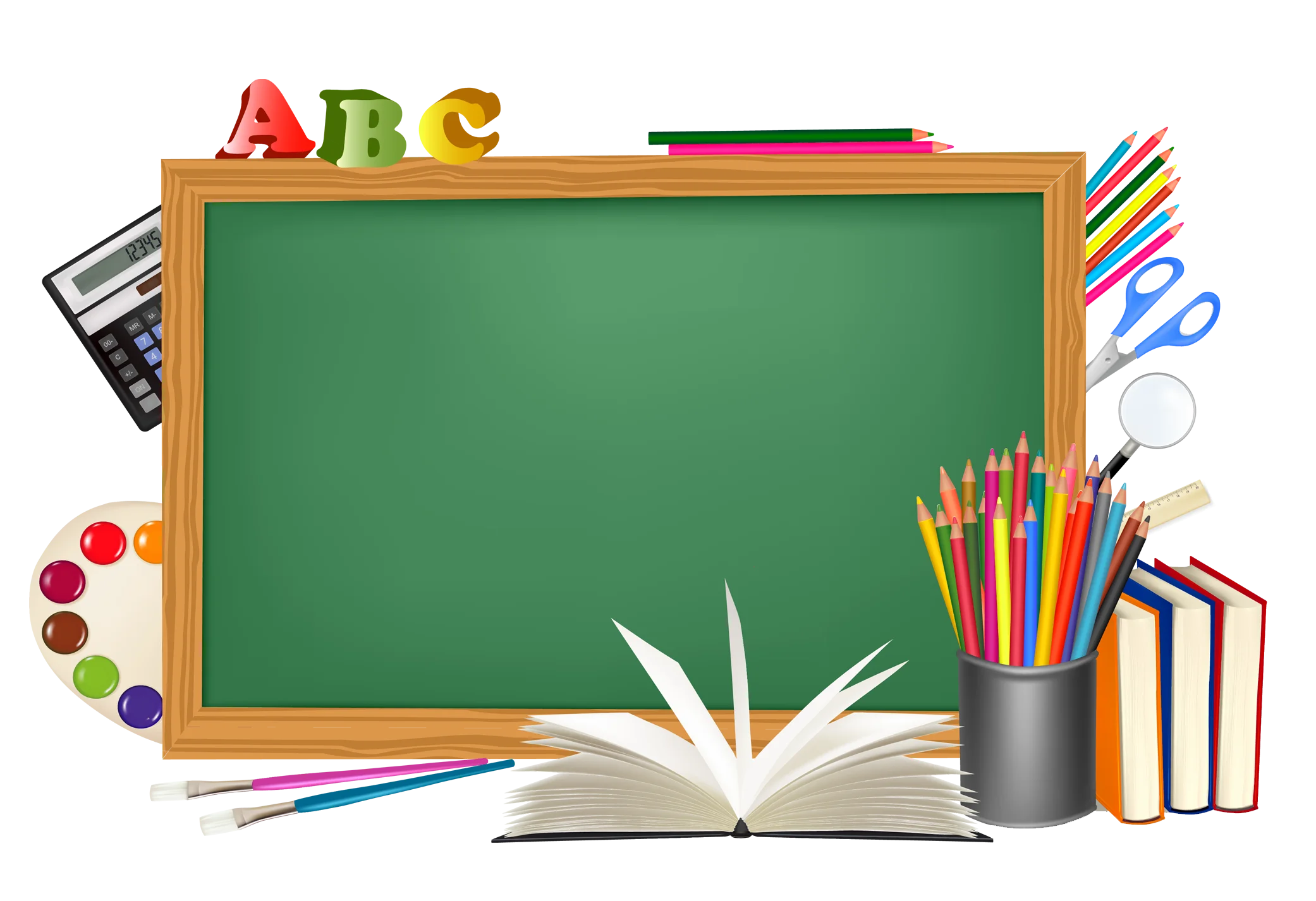 Colorful Educational Essentials Clipart: Chalkboard, Books, and Learning Tools