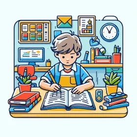 Student Learning Diligently at Desk: An Engaging Educational Clipart Illustration