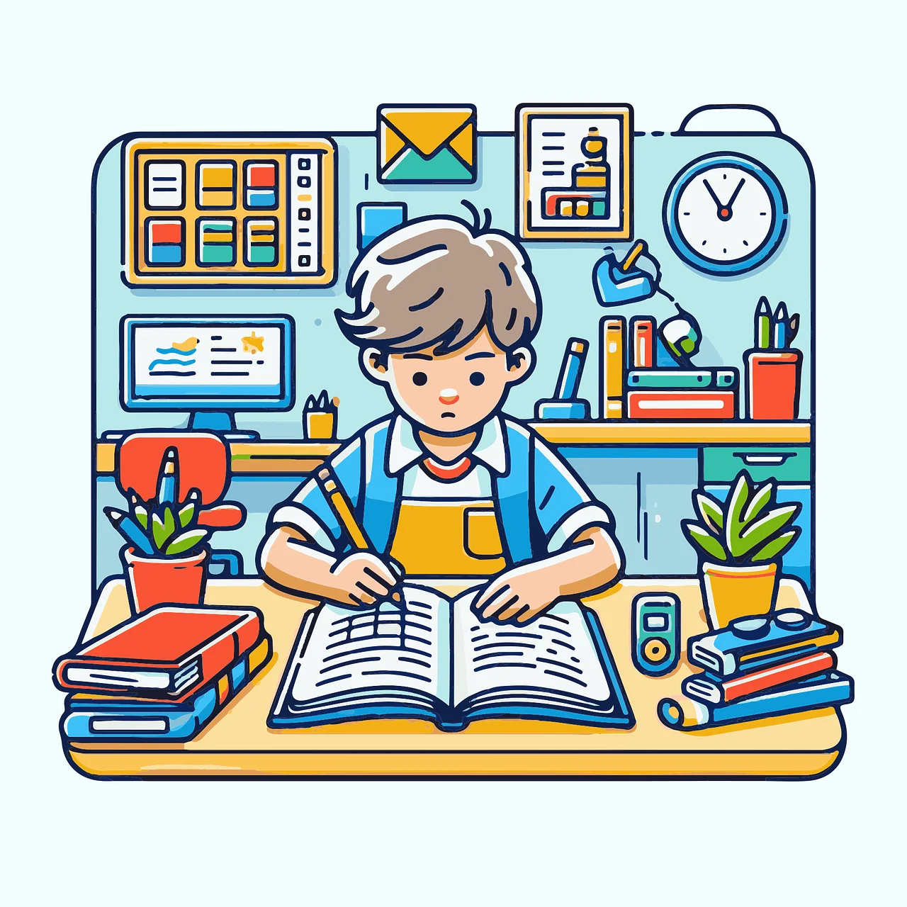 Student Learning Diligently at Desk: An Engaging Educational Clipart Illustration