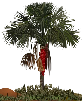 Botanical Illustration of a Distinctive Palm Tree Clipart with Seed Cluster
