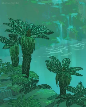 Ethereal Prehistoric Fern Landscape Silhouette Vintage Clipart Illustration