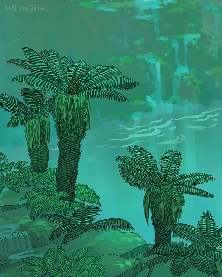 Ethereal Prehistoric Fern Landscape Silhouette Vintage Clipart Illustration