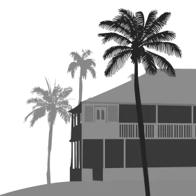 Minimalist California Coastal Architecture Clipart with Silhouetted Palm Trees
