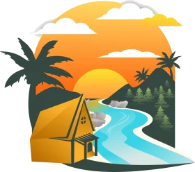 Serene California Sunset Landscape Clipart with Palm Trees and Riverside Cabin