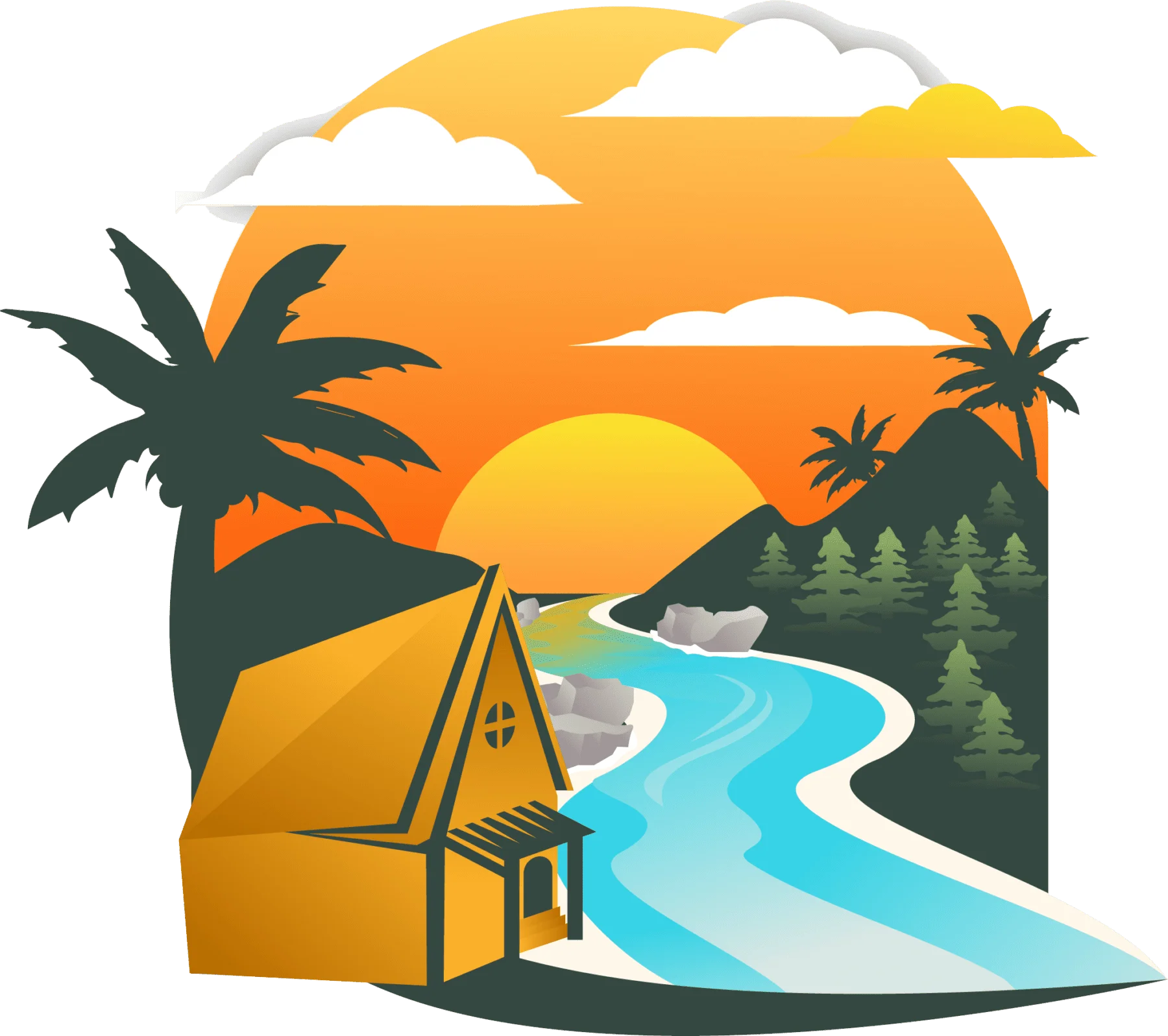 Serene California Sunset Landscape Clipart with Palm Trees and Riverside Cabin