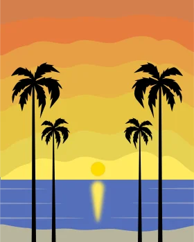 Golden Sunset Paradise: Tropical Palm Trees California Coastline Clipart Illustration