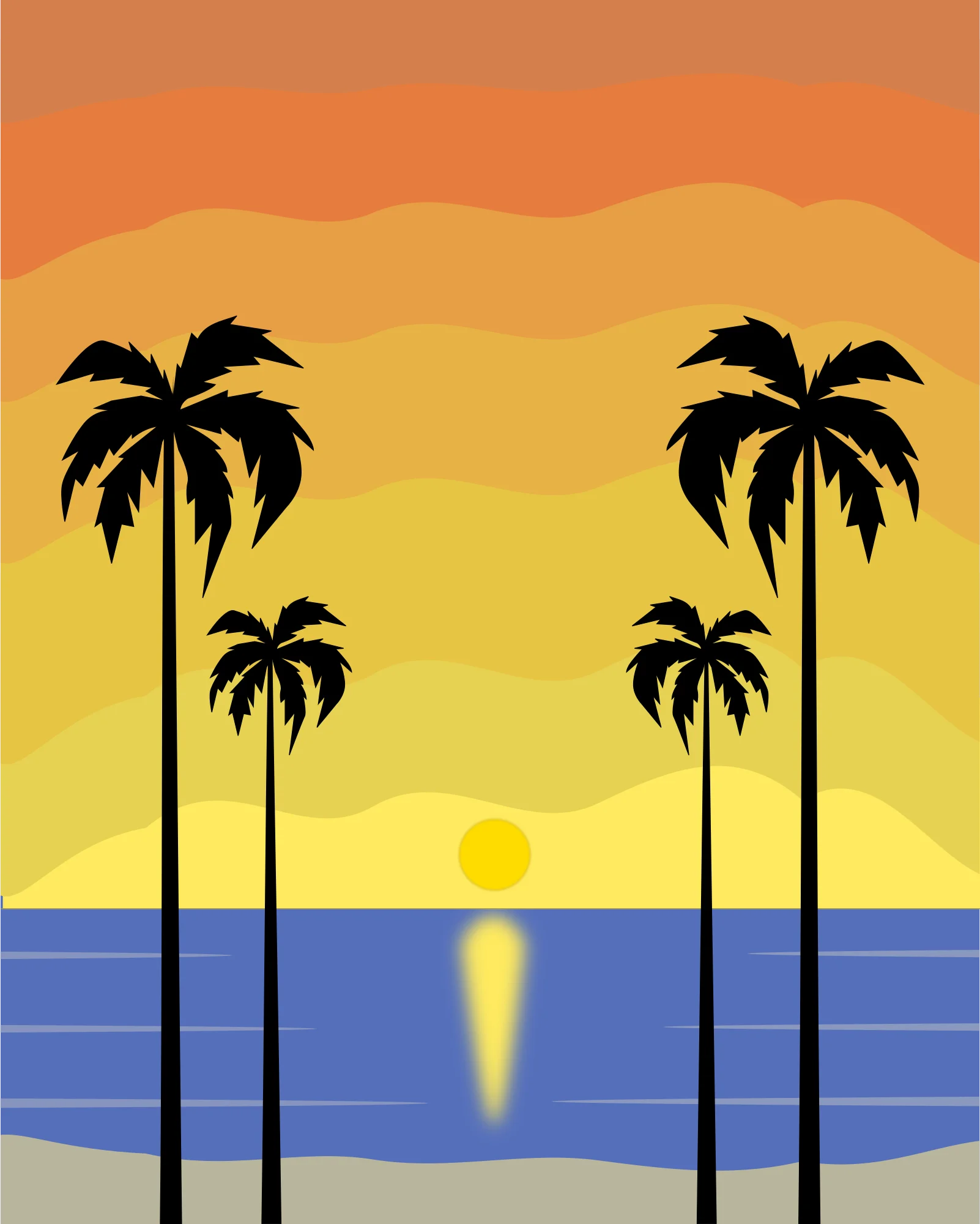 Golden Sunset Paradise: Tropical Palm Trees California Coastline Clipart Illustration