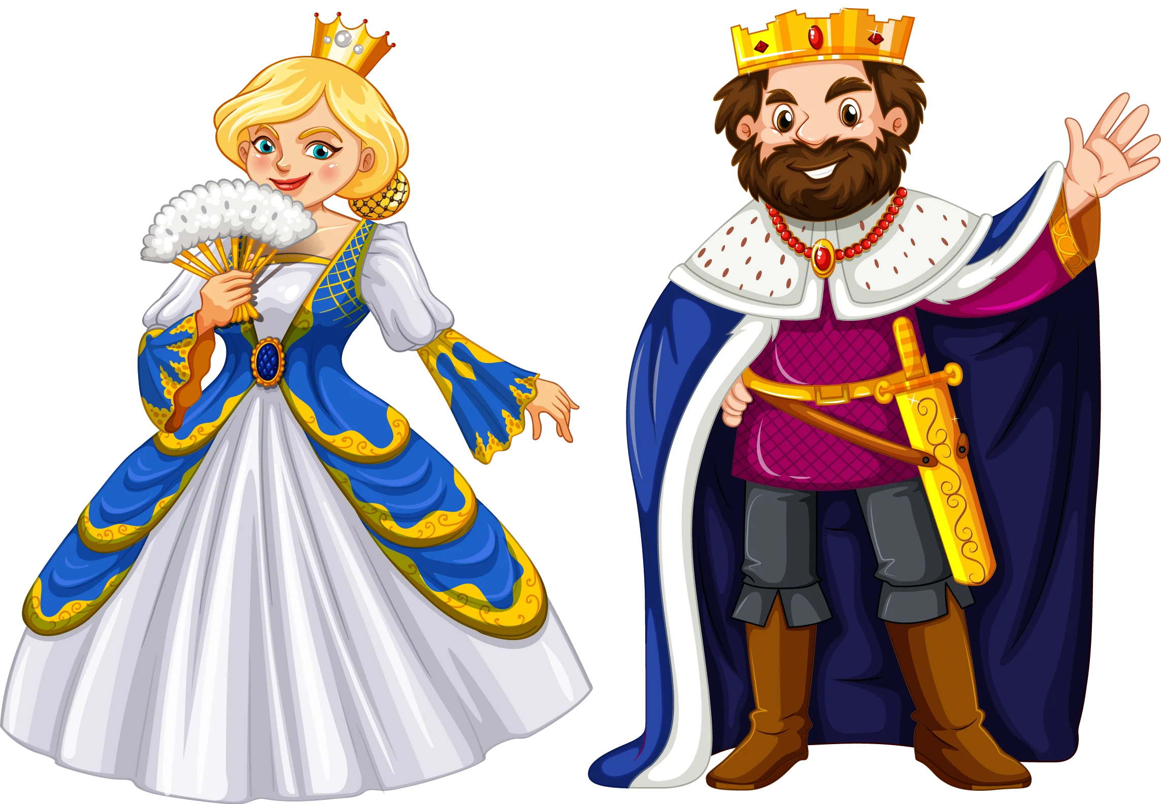 Royal Cartoon Monarch Clipart: Elegant Queen and Bearded King Characters
