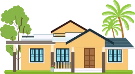 Sunny California Suburban Home Clipart with Lush Greenery and Palms