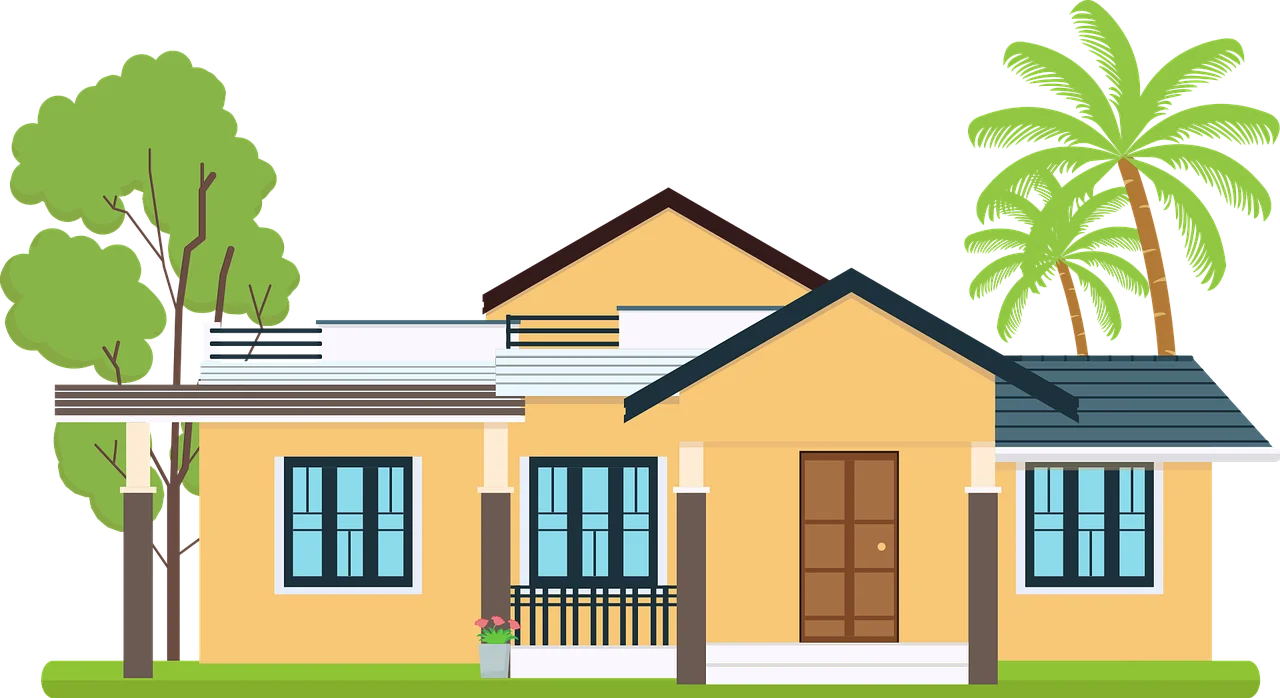 Sunny California Suburban Home Clipart with Lush Greenery and Palms