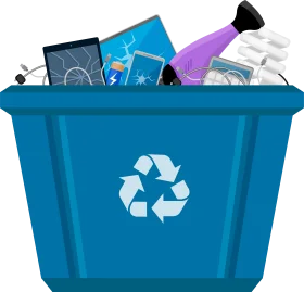Blue Recycling Bin Filled with Electronic Waste and Recyclable Materials Clipart Illustration