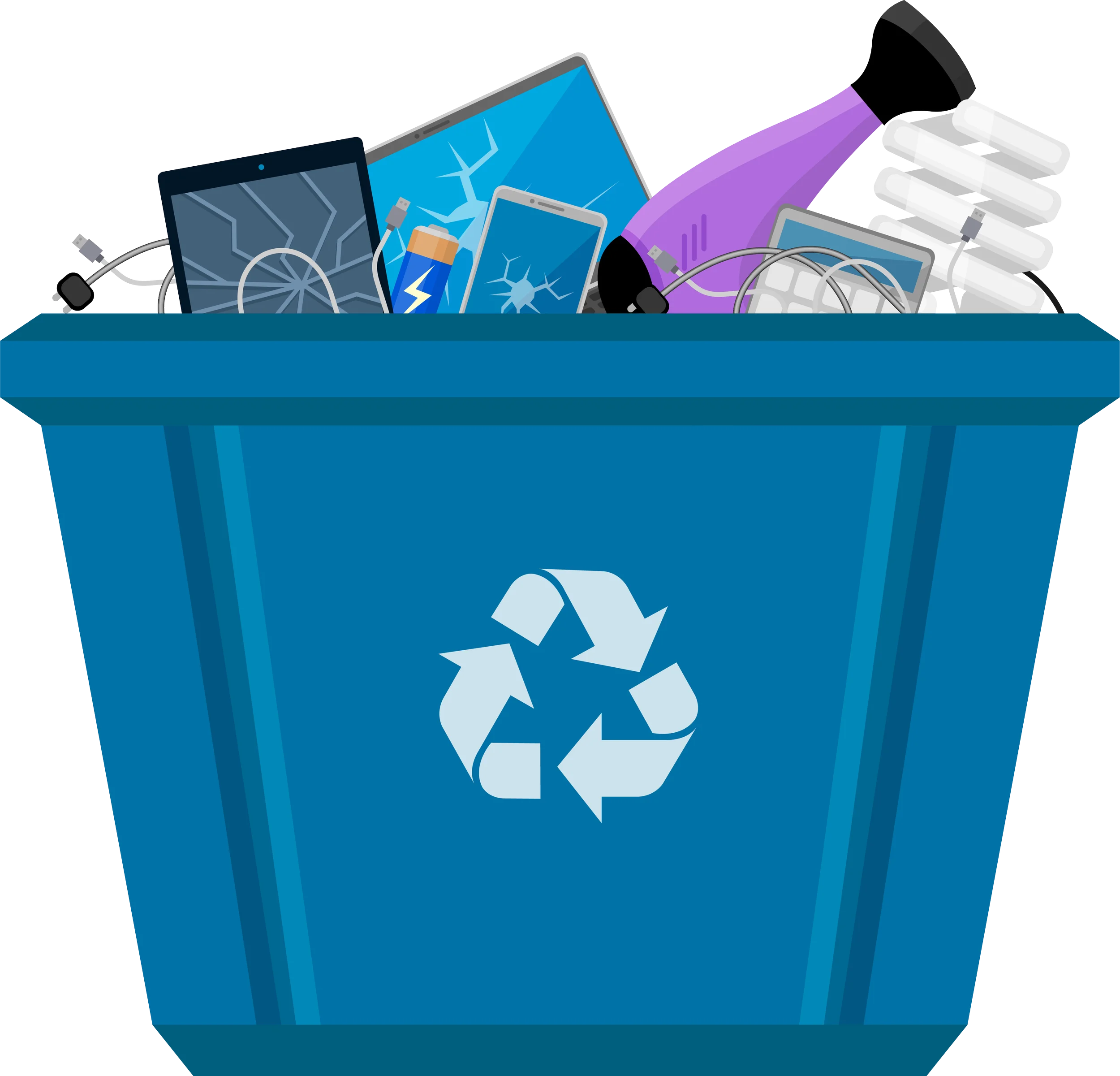 Blue Recycling Bin Filled with Electronic Waste and Recyclable Materials Clipart Illustration