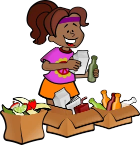 Eco-Friendly Recycling Adventure: Cheerful Girl Sorting Recyclable Materials Clipart