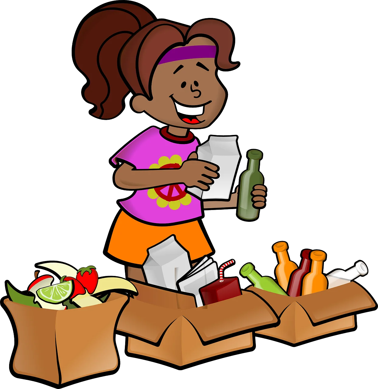 Eco-Friendly Recycling Adventure: Cheerful Girl Sorting Recyclable Materials Clipart