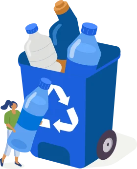Eco-Friendly Recycling Clipart: Blue Bin with Plastic Bottles and Character