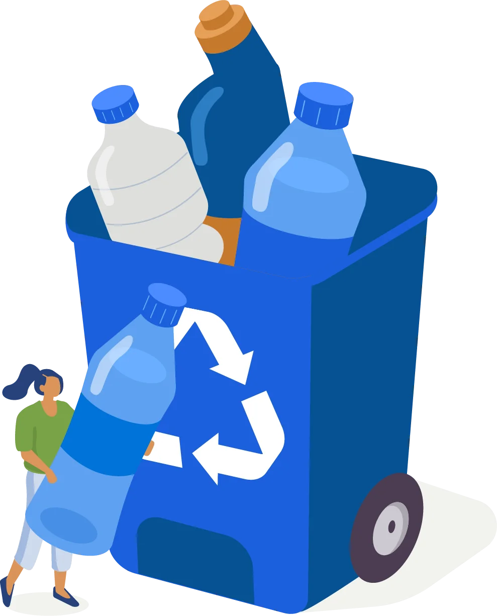 Eco-Friendly Recycling Clipart: Blue Bin with Plastic Bottles and Character