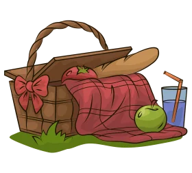 Charming Countryside Picnic Basket Clipart with Checkered Blanket and Fresh Produce