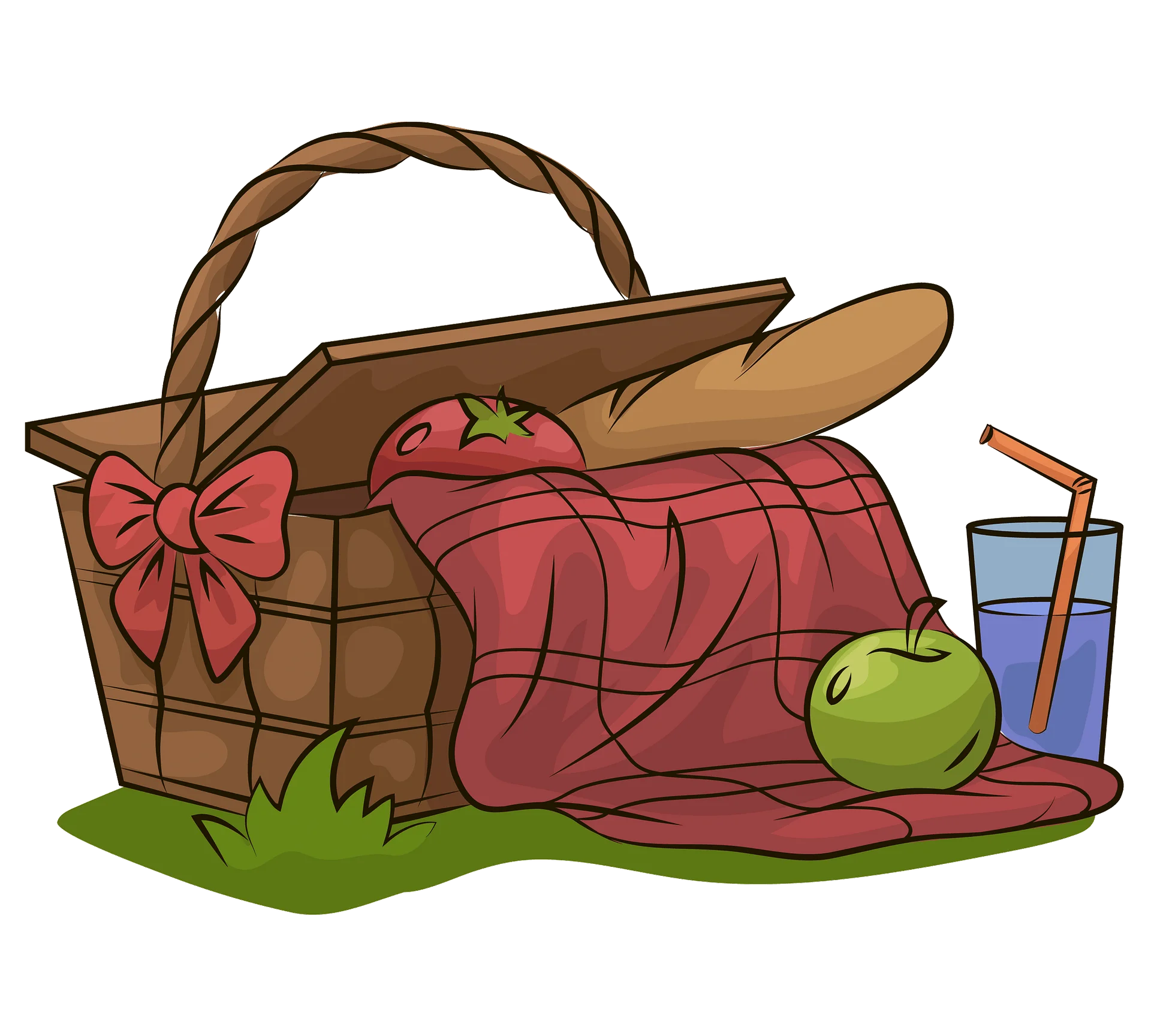 Charming Countryside Picnic Basket Clipart with Checkered Blanket and Fresh Produce