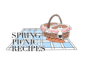 Charming Spring Picnic Recipe Book Clipart with Basket and Checkered Tablecloth