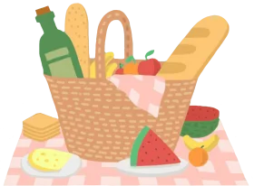 Charming Summer Picnic Basket Clipart with Delightful Food and Beverage Assortment