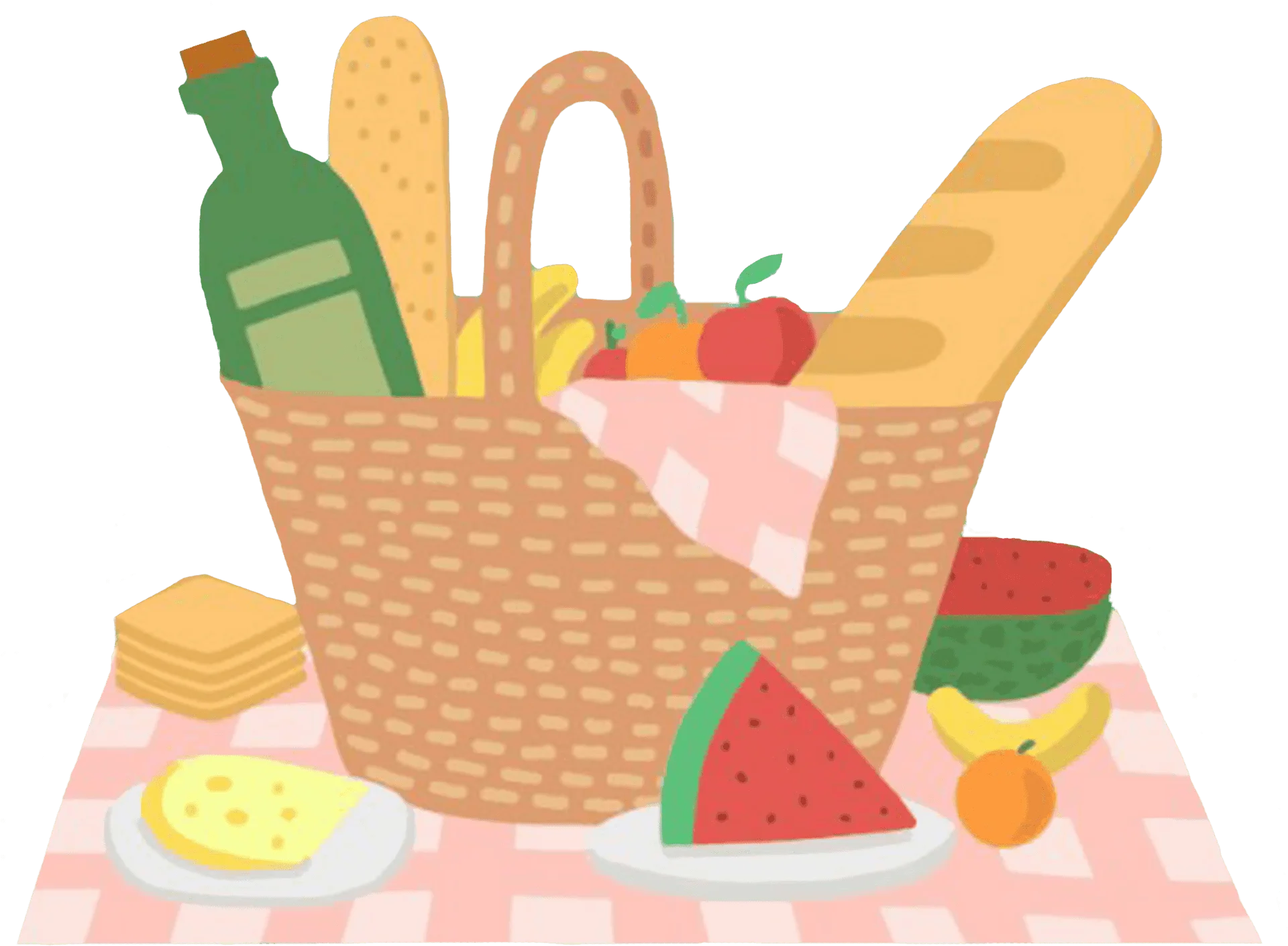 Charming Summer Picnic Basket Clipart with Delightful Food and Beverage Assortment