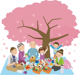Cheerful Family and Friends Spring Cherry Blossom Picnic Clipart Scene