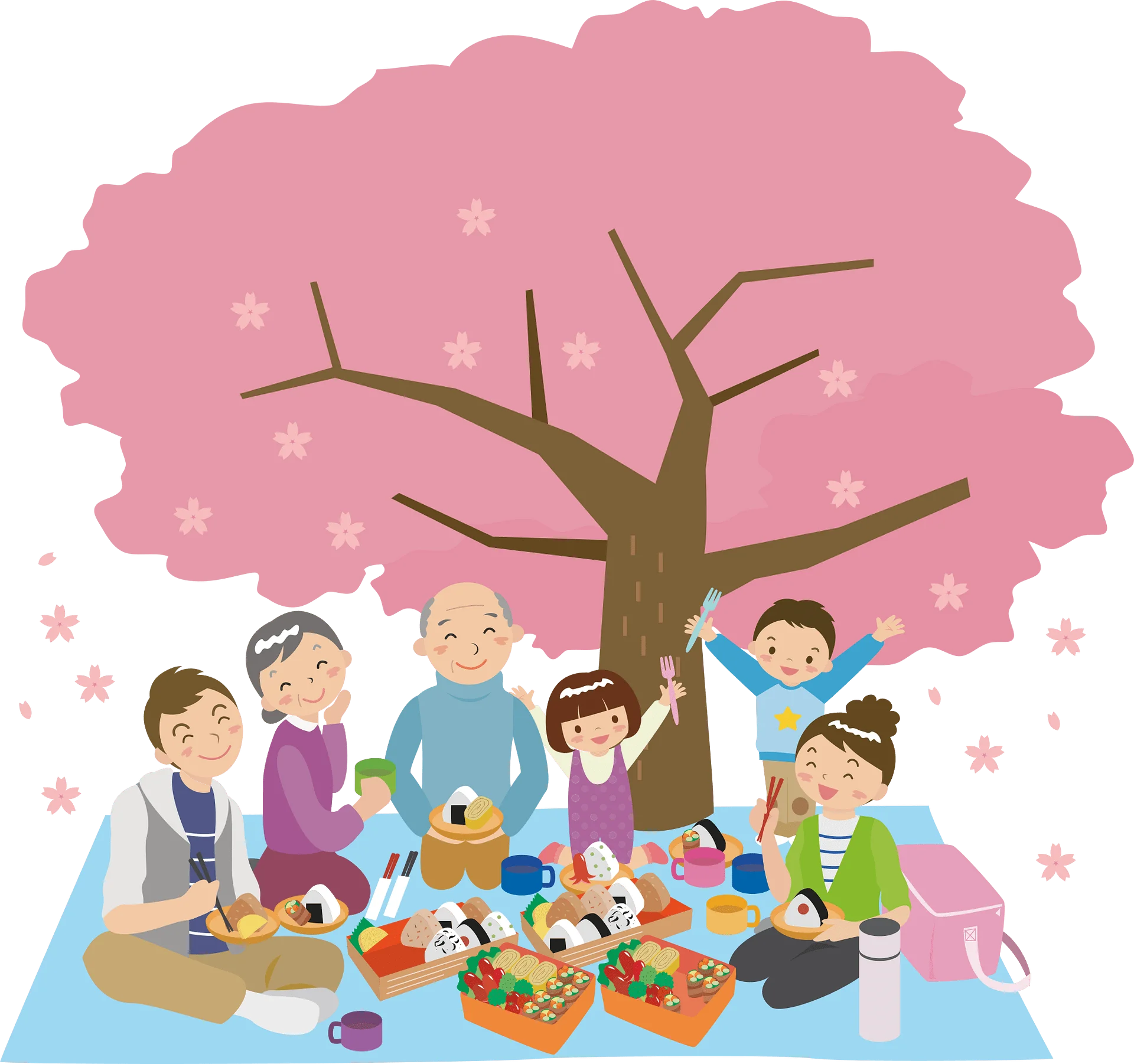 Cheerful Family and Friends Spring Cherry Blossom Picnic Clipart Scene