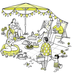 Cheerful Family Outdoor Picnic Scene with Umbrella and Playful Interactions Clipart