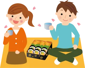 Cheerful Friends Enjoying Sushi Picnic with Cherry Blossoms Clipart Scene