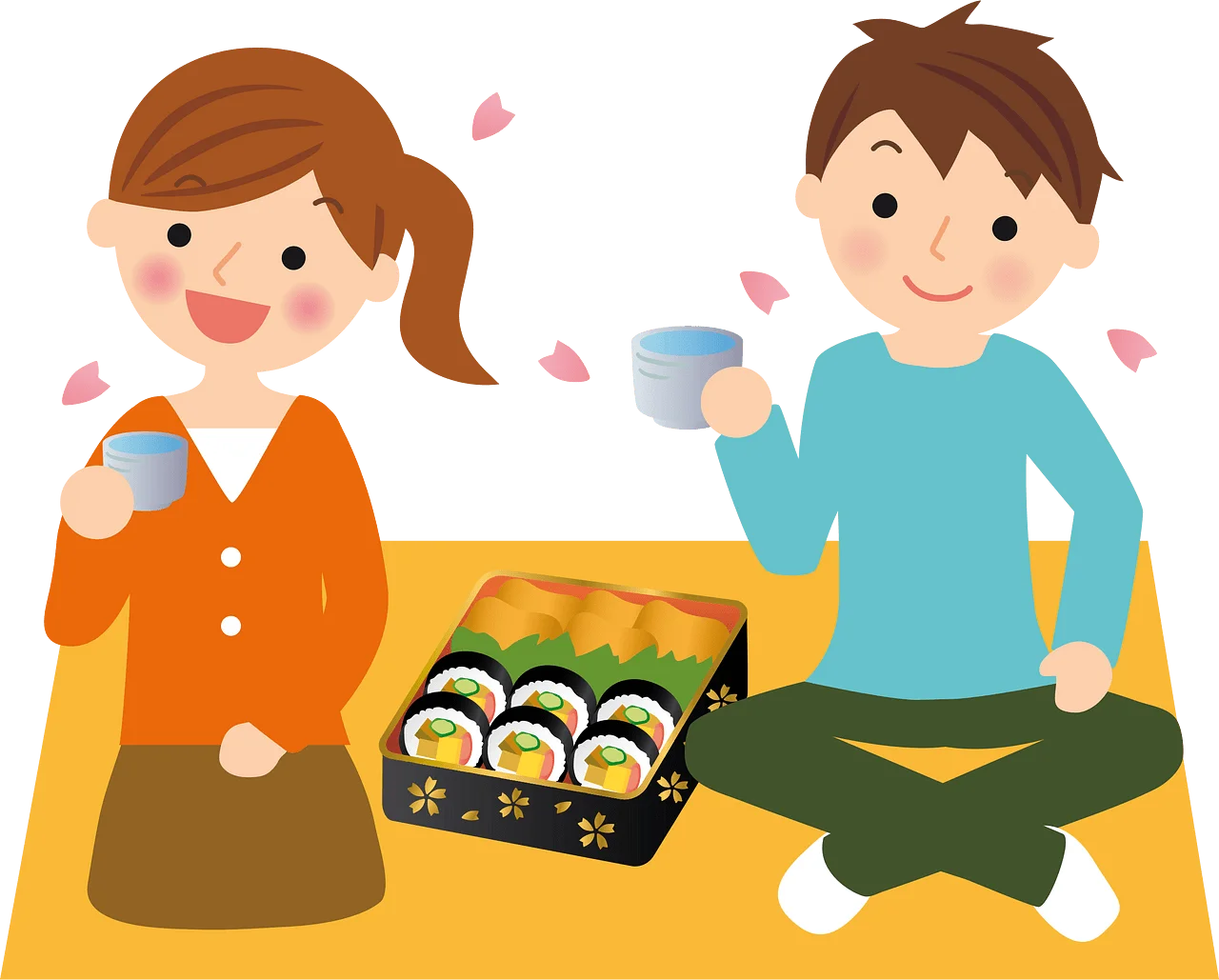 Cheerful Friends Enjoying Sushi Picnic with Cherry Blossoms Clipart Scene