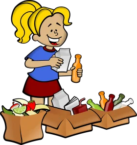 Cheerful Recycling Clipart: Young Girl Sorting Waste into Eco-Friendly Boxes