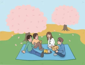 Cherry Blossom Picnic Party: A Serene Clipart Scene of Friends Enjoying Springtime