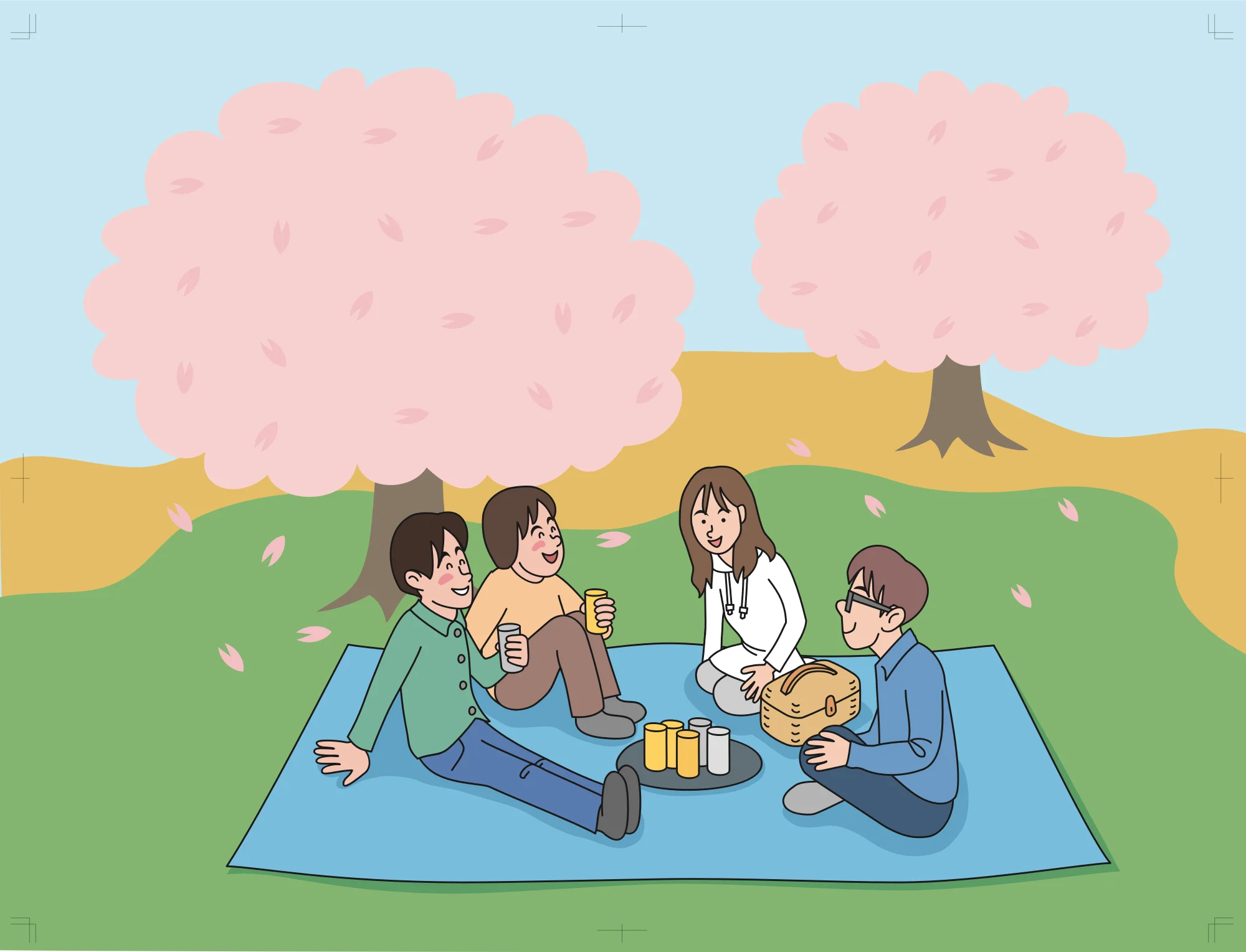 Cherry Blossom Picnic Party: A Serene Clipart Scene of Friends Enjoying Springtime