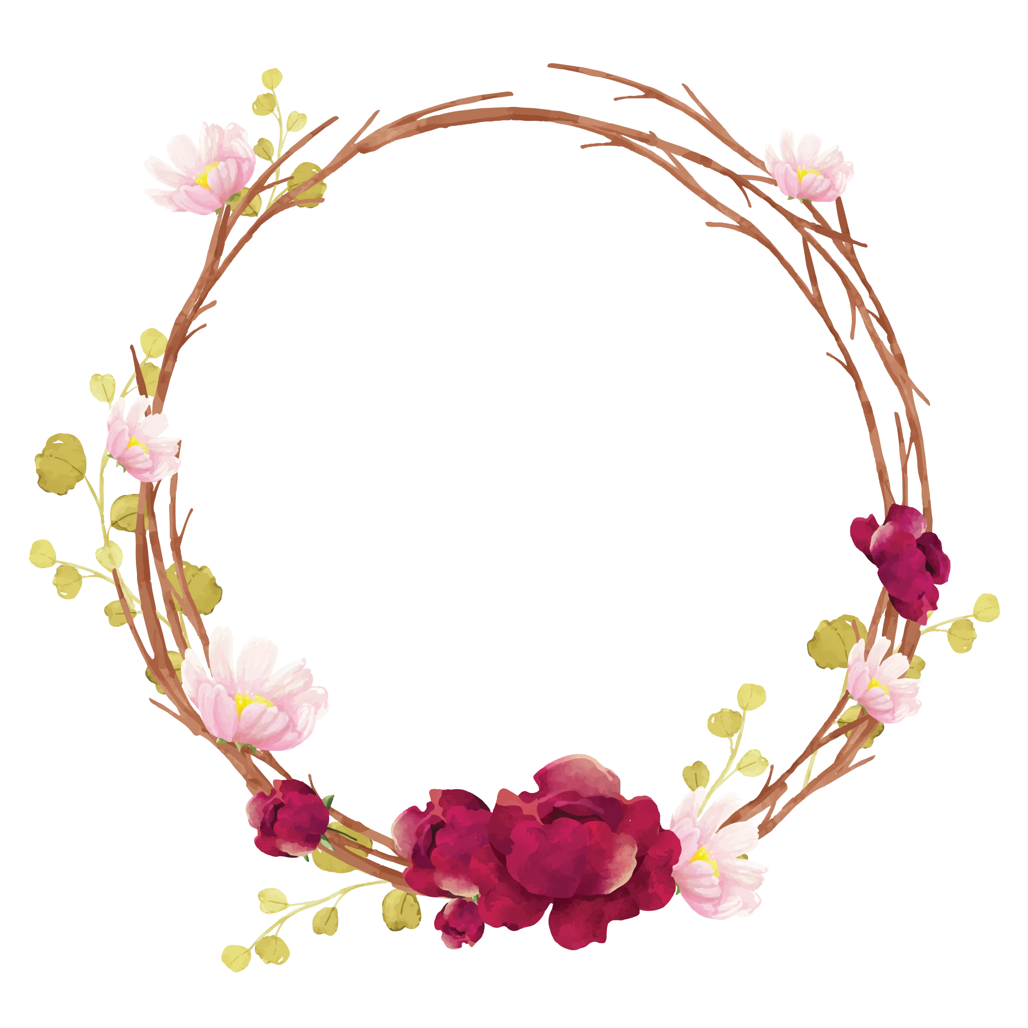 Delicate Watercolor Floral Wreath Clipart with Soft Pink and Deep Crimson Blossoms