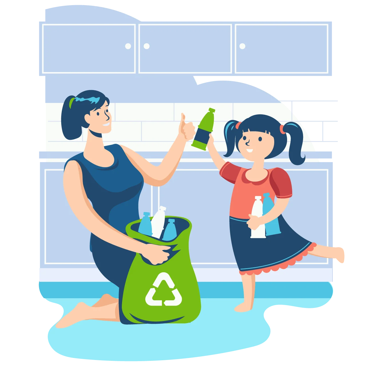 Eco-Friendly Family Teaching Kids Recycling Habits at Home Clipart Illustration