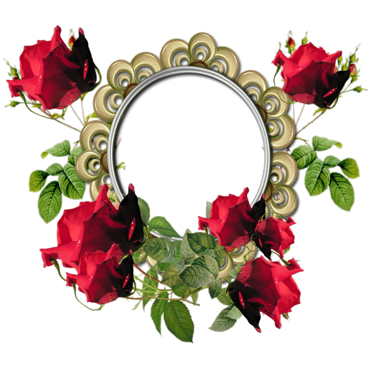 Elegant Vintage Rose Frame Clipart with Ornate Golden Border and Crimson Blossoms