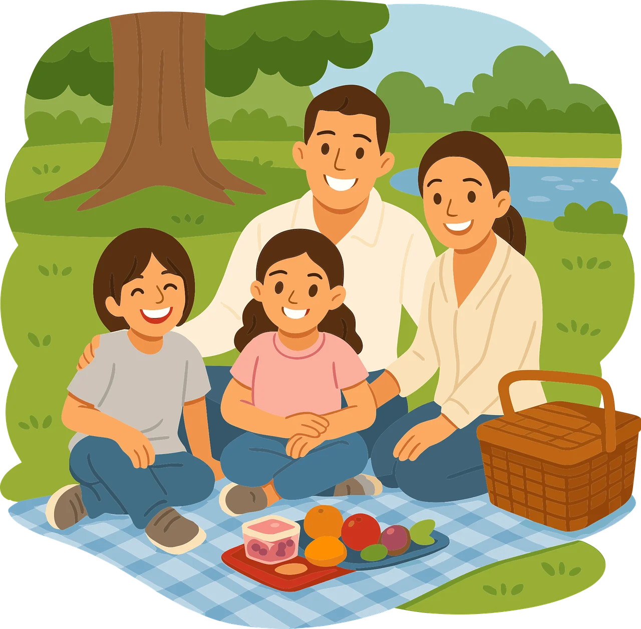 Family Enjoying a Peaceful Outdoor Picnic Clipart Scene with Lush Greenery