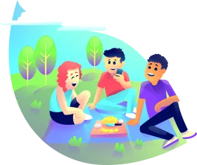 Friends Enjoying Outdoor Picnic Adventure with Playful Cartoon Clipart Style