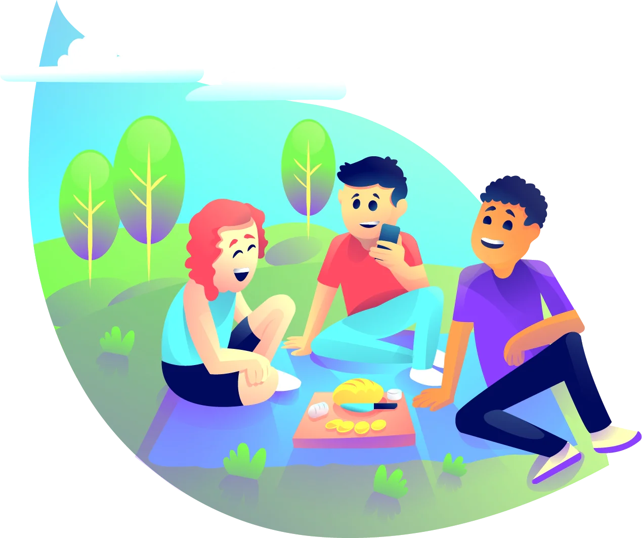 Friends Enjoying Outdoor Picnic Adventure with Playful Cartoon Clipart Style