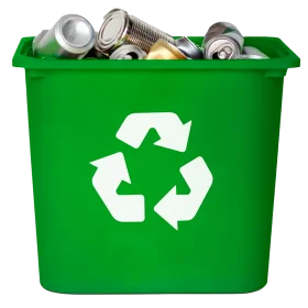 Green Recycling Bin Clipart with Metallic Cans and Eco-Friendly Recycling Symbol